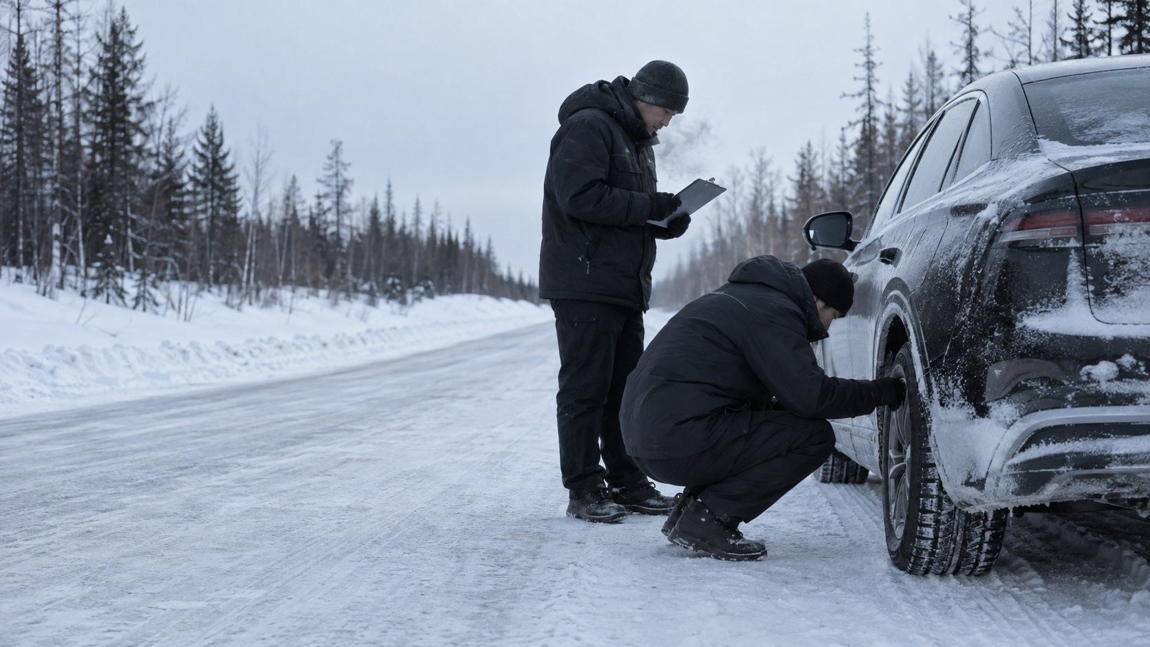 Two testers inspect a vehicle tyre beside a snow-covered road in extreme cold