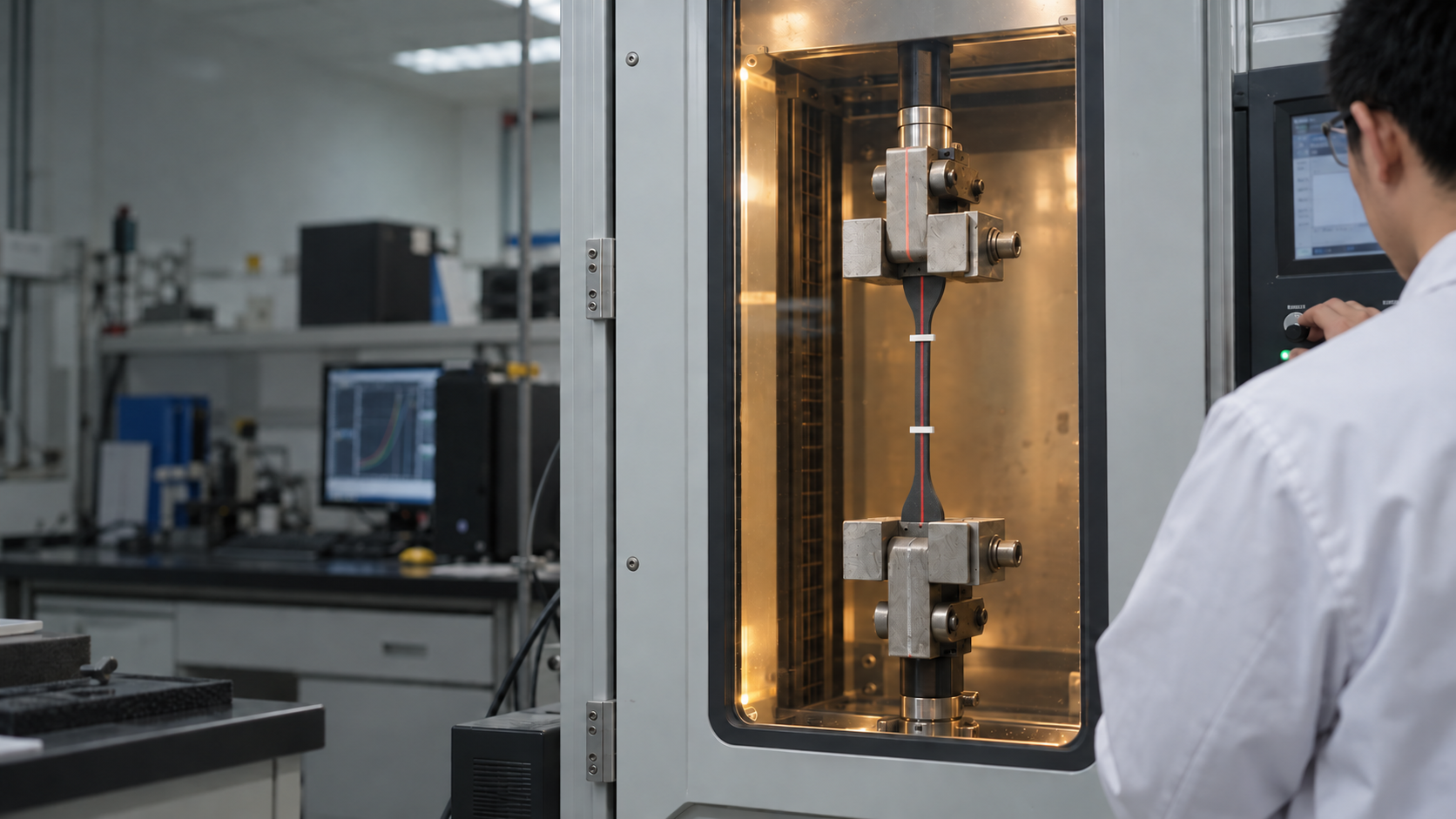 A researcher performs tensile testing on flexible elastomer samples in an environmental chamber
