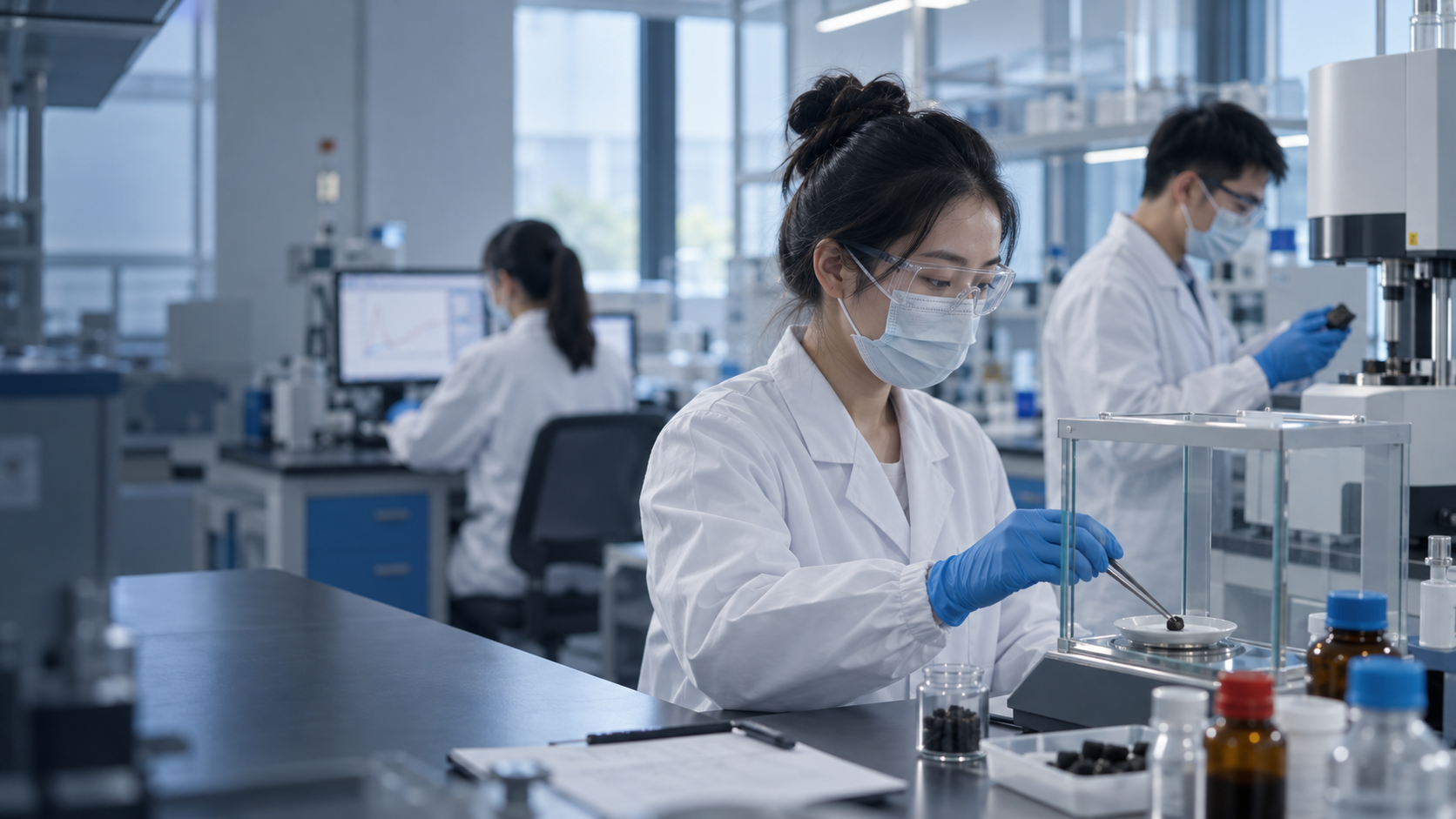 Materials researchers weigh samples, analyse them with instruments, and review data in a laboratory
